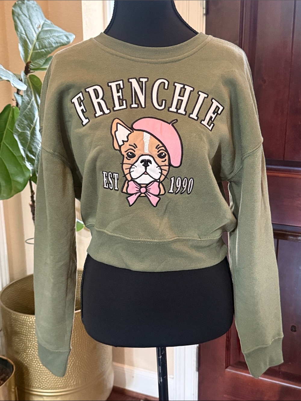 Jolie & Joy Make It Full Circle Olive Green Frenchie Bulldog Sweater NWT Size M